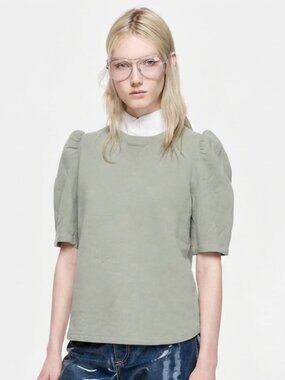 Dries Van Noten Green Bateau puff sleeve short tshirt Top XS 100% Cotton Toteme